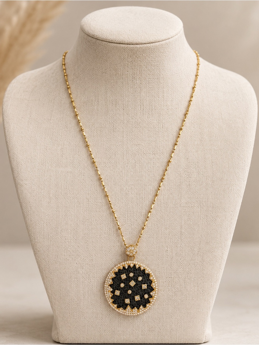 Freida Rothman Gold Pendant Necklace with Black Pavé Medallion